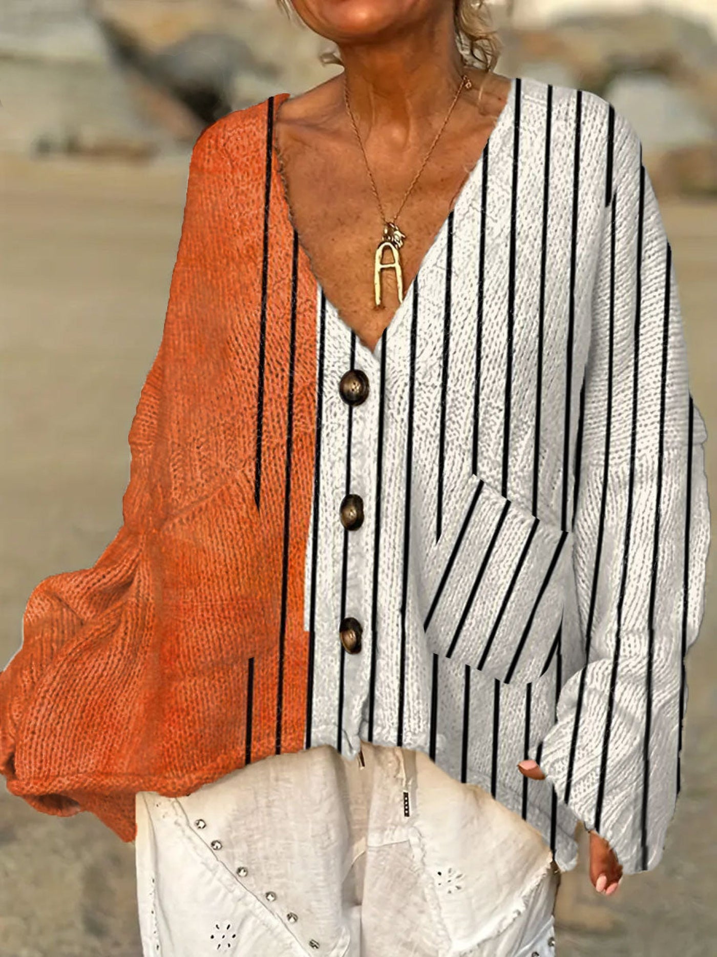 Amber | Striped Button Knit Cardigan