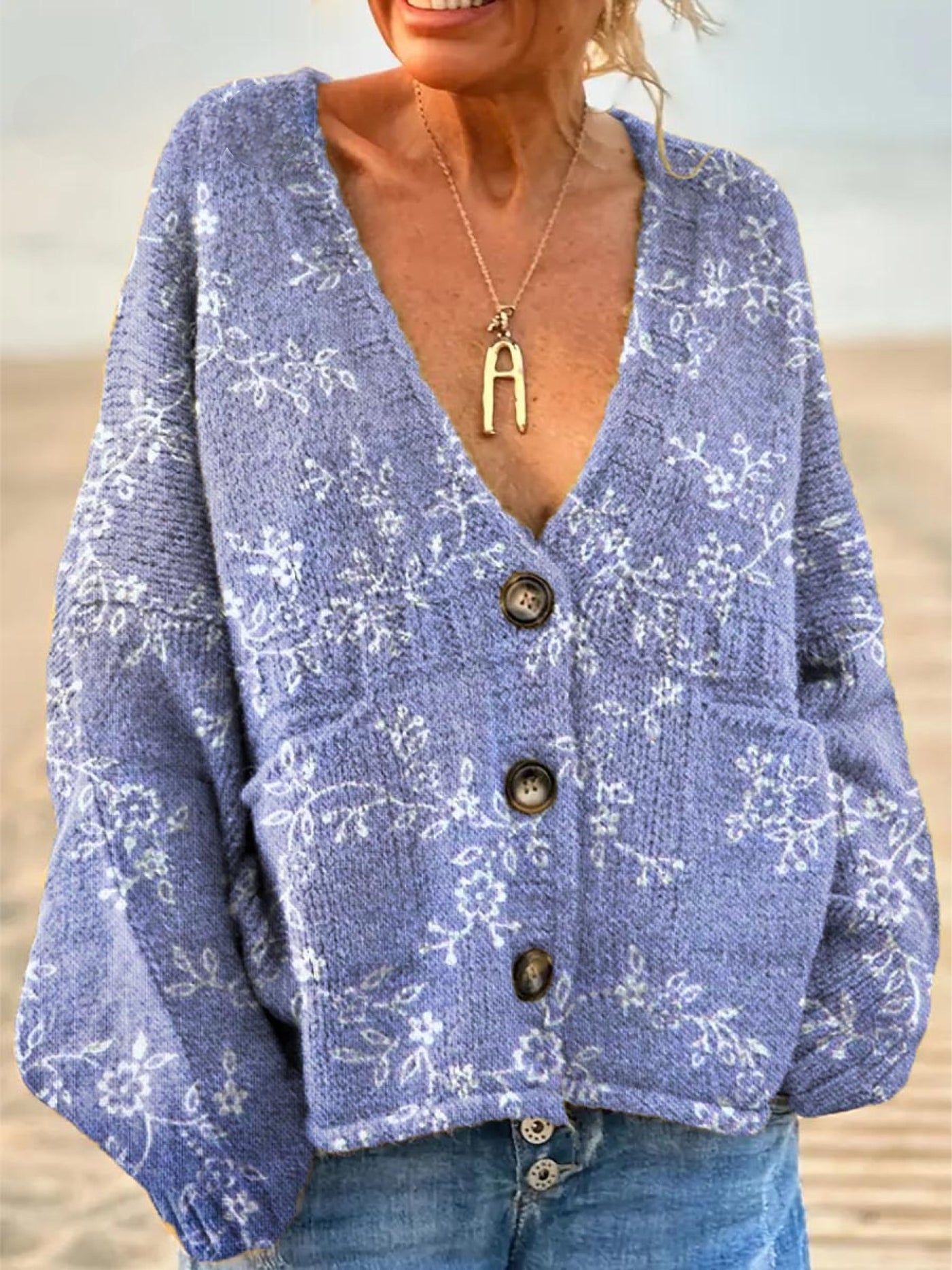 Caroline | Blue Floral Knit Cardigan