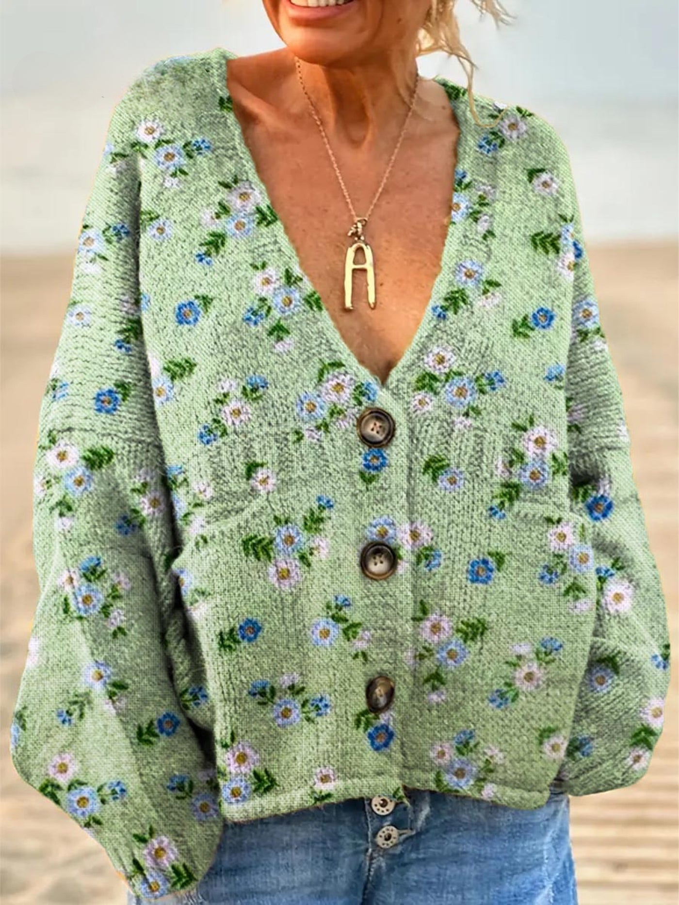 Chelsea | Green Floral Knit Cardigan