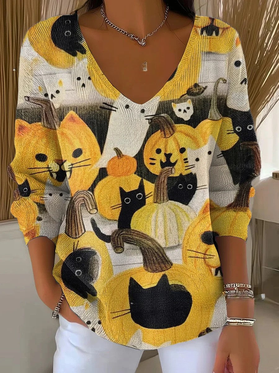 Tessa | Autumn Blouse with Cats and Pumpkins